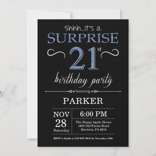 Surprise 21st Birthday Invitation Black and Blue Kaart (Voorkant)