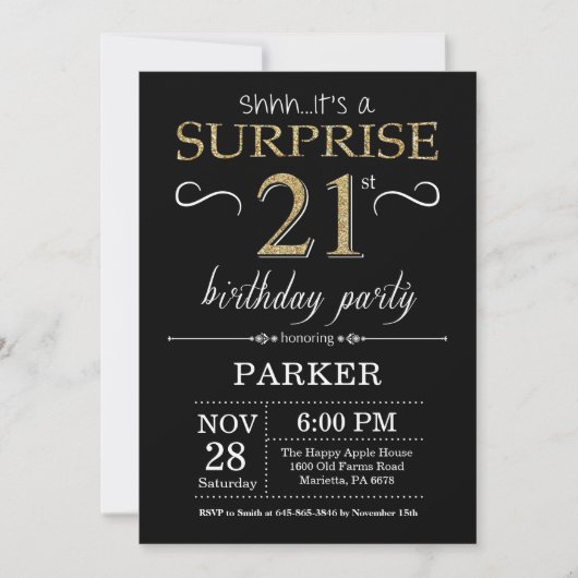 Surprise 21st Birthday Invitation Black and Gold Kaart (Voorkant)