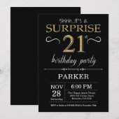 Surprise 21st Birthday Invitation Black and Gold Kaart (Voorkant / Achterkant)
