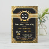 Surprise 21st Birthday Invitation Black and Gold Kaart (Staand voorkant)