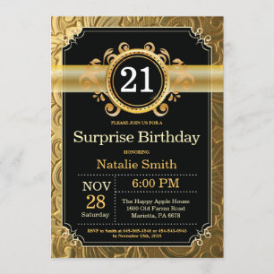 Surprise 21st Birthday Invitation Black and Gold Kaart