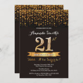 Surprise 21st Birthday Invitation Black and Gold Kaart (Voorkant / Achterkant)