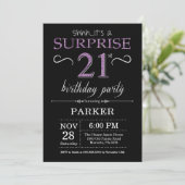 Surprise 21st Birthday Invitation Black and Paars Kaart (Staand voorkant)