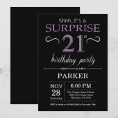 Surprise 21st Birthday Invitation Black and Paars Kaart (Voorkant / Achterkant)