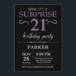 Surprise 21st Birthday Invitation Black and Paars Kaart<br><div class="desc">Verrassend 21ste verjaardag Uitnodiging met Zwarte en Paarse Glitter Achtergrond. Chalkboard. Volwassen verjaardag. Mannen of vrouwen uitgenodigd. Elke leeftijd. Voor verdere aanpassing,  te klikken gelieve de knoop "van de Aanpassing het"en ons ontwerphulpmiddel te gebruiken om deze sjabloon te wijzigen.</div>