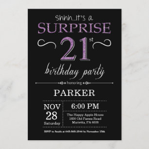 Surprise 21st Birthday Invitation Black and Paars Kaart