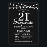 Surprise 21st Birthday Invitation Black and White Kaart<br><div class="desc">Verrassend 21st de Uitnodiging van de Dagen met de Lichten van het Koord. Zwarte achtergrond. Jongen of meisjes. 13e 15e 16e 18e 21e 30e 40e 50e 60e 70e 90e 100e, elke leeftijd. Voor verdere aanpassing, te klikken gelieve de knoop "van de Aanpassing het"en ons ontwerphulpmiddel te gebruiken om deze sjabloon...</div>