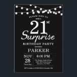 Surprise 21st Birthday Invitation Black and White Kaart<br><div class="desc">Verrassend 21st de Uitnodiging van de Dagen met de Lichten van het Koord. Zwarte achtergrond. Jongen of meisjes. 13e 15e 16e 18e 21e 30e 40e 50e 60e 70e 90e 100e, elke leeftijd. Voor verdere aanpassing, te klikken gelieve de knoop "van de Aanpassing het"en ons ontwerphulpmiddel te gebruiken om deze sjabloon...</div>