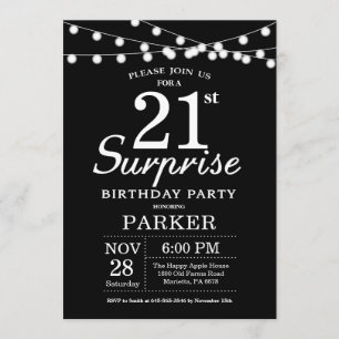 Surprise 21st Birthday Invitation Black and White Kaart