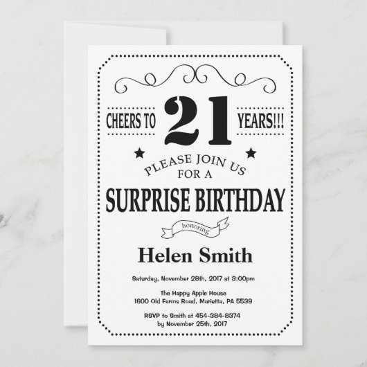 Surprise 21st Birthday Invitation Black and White Kaart (Voorkant)