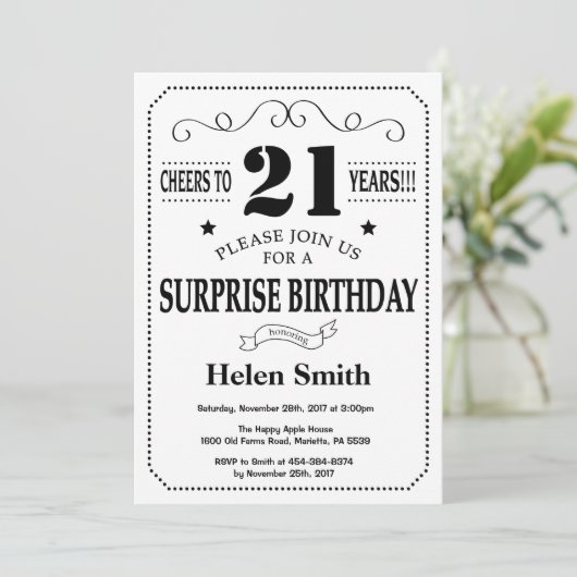 Surprise 21st Birthday Invitation Black and White Kaart (Staand voorkant)