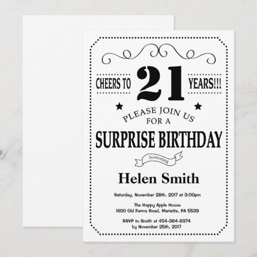 Surprise 21st Birthday Invitation Black and White Kaart (Voorkant / Achterkant)