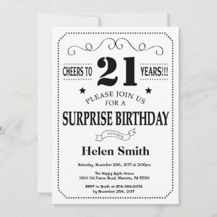 Surprise 21st Birthday Invitation Black and White Kaart