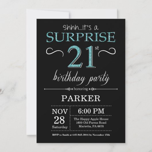 Surprise 21st Birthday Invitation Black en Blauwgr Kaart (Voorkant)