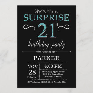 Surprise 21st Birthday Invitation Black en Blauwgr Kaart