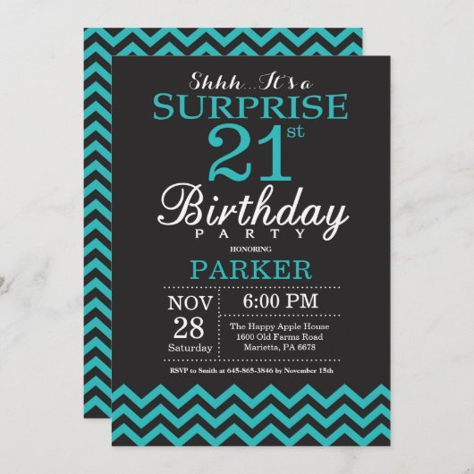 Surprise 21st Birthday Invitation Black en Blauwgr Kaart (Voorkant / Achterkant)