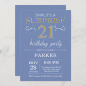 Surprise 21st Birthday Invitation Blue en Gold Kaart (Voorkant / Achterkant)