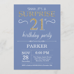 Surprise 21st Birthday Invitation Blue en Gold Kaart