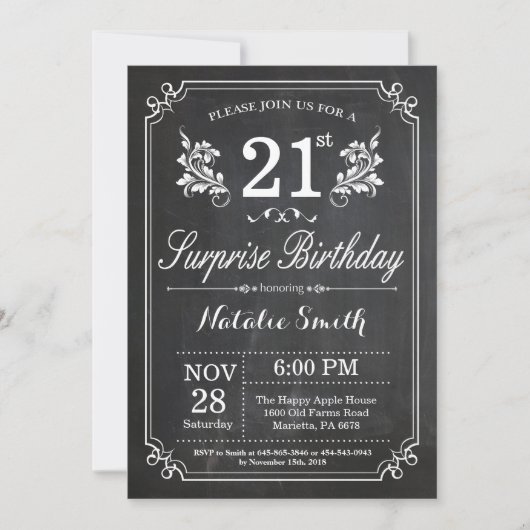 Surprise 21st Birthday Invitation Chalkboard Kaart (Voorkant)