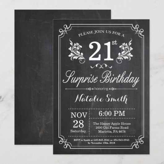 Surprise 21st Birthday Invitation Chalkboard Kaart (Voorkant / Achterkant)