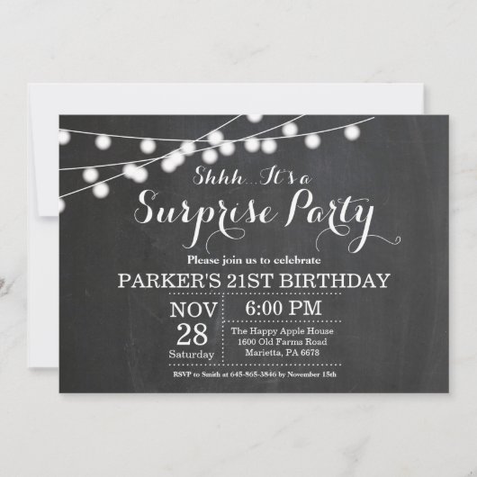 Surprise 21st Birthday Invitation Chalkboard Kaart (Voorkant)