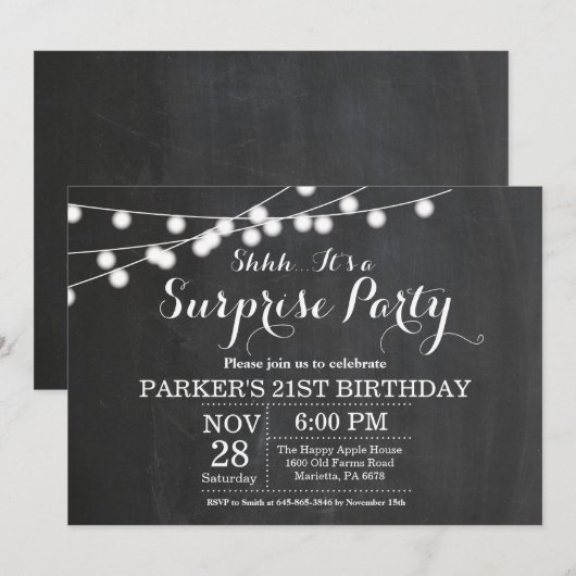 Surprise 21st Birthday Invitation Chalkboard Kaart (Voorkant / Achterkant)