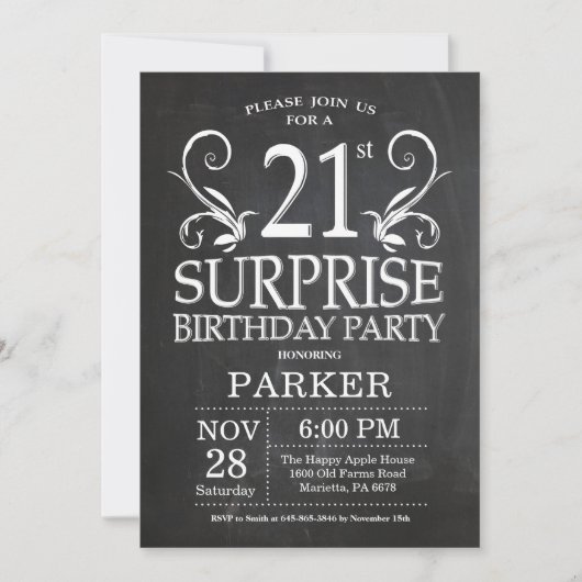 Surprise 21st Birthday Invitation Chalkboard Kaart (Voorkant)