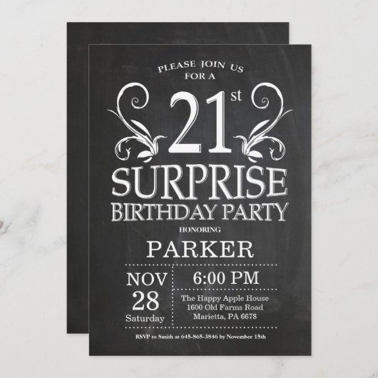Surprise 21st Birthday Invitation Chalkboard Kaart (Voorkant / Achterkant)