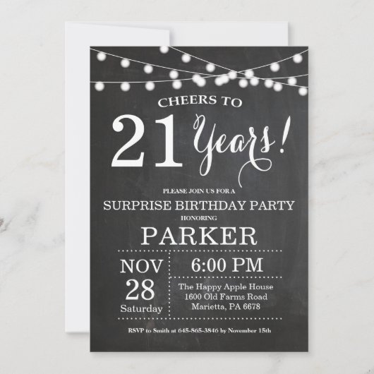 Surprise 21st Birthday Invitation Chalkboard Kaart (Voorkant)