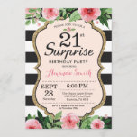 Surprise 21st Birthday Invitation Floral Kaart<br><div class="desc">Verrassend 21ste verjaardag Uitnodiging voor vrouwen. Zwarte en gouden feestdag uitnodiging. Gold Glitter. Roze Waterverf bloem. Zwarte en witte strepen. Afdrukbaar digitaal. Voor verdere aanpassing,  te klikken gelieve de knoop "van de Aanpassing het"en ons ontwerphulpmiddel te gebruiken om deze sjabloon te wijzigen.</div>