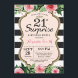 Surprise 21st Birthday Invitation Floral Kaart<br><div class="desc">Verrassend 21ste verjaardag Uitnodiging voor vrouwen. Zwarte en gouden feestdag uitnodiging. Gold Glitter. Roze Waterverf bloem. Zwarte en witte strepen. Afdrukbaar digitaal. Voor verdere aanpassing,  te klikken gelieve de knoop "van de Aanpassing het"en ons ontwerphulpmiddel te gebruiken om deze sjabloon te wijzigen.</div>
