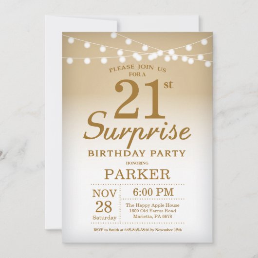 Surprise 21st Birthday Invitation Gold Kaart (Voorkant)