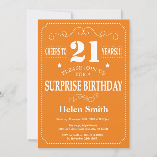 Surprise 21st Birthday Invitation Oranje and White Kaart (Voorkant)