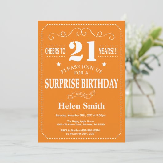 Surprise 21st Birthday Invitation Oranje and White Kaart (Staand voorkant)