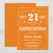 Surprise 21st Birthday Invitation Oranje and White Kaart (Voorkant / Achterkant)