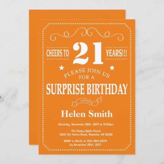 Surprise 21st Birthday Invitation Oranje and White Kaart (Voorkant / Achterkant)