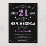 Surprise 21st Birthday Invitation Paars and Black Kaart<br><div class="desc">Verrassend 21ste verjaardag Uitnodiging Paars en Zwarte Typografie. Chalkboard. Zwart-witte achtergrond. Volwassen verjaardag. Mannelijke Mannen of vrouwen: Birthday. Kinder jongen of meisje Lady Teen Teenage Bday Invite. 13e 15e 16e 18e 21e 30e 40e 50e 60e 70e 80e 90e 100e. Elke leeftijd. Voor verdere aanpassing, te klikken gelieve de knoop "van...</div>