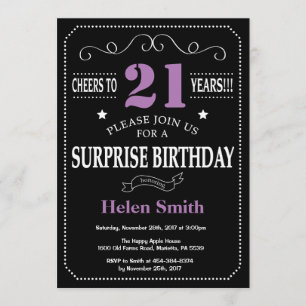 Surprise 21st Birthday Invitation Paars and Black Kaart