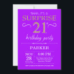 Surprise 21st Birthday Invitation Paars and Gold Kaart<br><div class="desc">Verrassend 21ste verjaardag Uitnodiging met Paarse en goudglitter achtergrond. Volwassen verjaardag. Mannen of vrouwen uitgenodigd. Elke leeftijd. Voor verdere aanpassing,  te klikken gelieve de knoop "van de Aanpassing het"en ons ontwerphulpmiddel te gebruiken om deze sjabloon te wijzigen.</div>