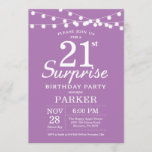 Surprise 21st Birthday Invitation Paars Lavender Kaart<br><div class="desc">Verrassend 21st de Uitnodiging van de Dagen met de Lichten van het Koord. Paarse lavender Lila achtergrond. Vrouwen Vrouwen Lady Elegant Modern bday. 13e 15e 16e 18e 21e 30e 40e 50e 60e 70e 90e 100e, elke leeftijd. Voor verdere aanpassing, te klikken gelieve de knoop "van de Aanpassing het"en ons ontwerphulpmiddel...</div>