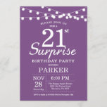 Surprise 21st Birthday Invitation Paars Lavender Kaart<br><div class="desc">Verrassend 21st de Uitnodiging van de Dagen met de Lichten van het Koord. Paarse lavender Lila achtergrond. Vrouwen Vrouwen Lady Elegant Modern bday. 13e 15e 16e 18e 21e 30e 40e 50e 60e 70e 90e 100e, elke leeftijd. Voor verdere aanpassing, te klikken gelieve de knoop "van de Aanpassing het"en ons ontwerphulpmiddel...</div>