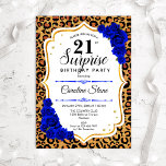 Surprise 21st Birthday - Leopard Gold Royal Blue Kaart<br><div class="desc">Verrassend 21ste uitnodiging van de Dag. Feminine royal blue,  wit design met faux glitter Gold. Kenmerken van het dierenluipspatroon,  saffierblauw roos,  scriptlettertype en confetti. Ideaal voor een elegant verjaardagsfeestje. Kan op elke leeftijd aan het show worden aangepast. Bericht me als u verdere aanpassing nodig hebt.</div>