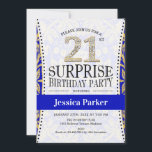 Surprise 21st Birthday - White Gold Royal Blue Kaart<br><div class="desc">Verrassend 21e verjaardag uitnodiging voor vrouwen. Elegant nodigt de kaart uit in koningsblauw,  wit en faux glitter goud. Functies lettertype en diamantletters van het typografische script. Ideaal voor een stijlvolle verrassingsdag.</div>