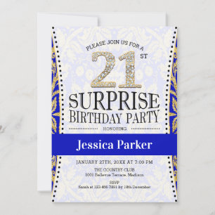 Surprise 21st Birthday - White Gold Royal Blue Kaart