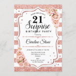 Surprise 21st Verjaardag - Roos Goud Wit Roze Kaart<br><div class="desc">Verrassing 21e verjaardag uitnodiging. Vrouwelijk wit,  blush roze ontwerp met faux roos gouden glitter. Met strepen,  roze rozen,  script lettertype en confetti. Perfect voor een elegant verjaardagsfeestje. Kan worden gepersonaliseerd om elke leeftijd te shows. Stuur me een bericht als je verder moet worden aangepast.</div>