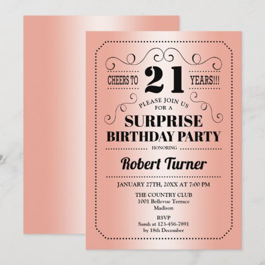 Surprise 21st Verjaardag - Roos Goud Zwart Kaart (Voorkant / Achterkant)