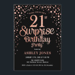 Surprise 21st Verjaardagsfeest - Zwart & Roos Goud Kaart<br><div class="desc">Verrassing 21e Verjaardagsfeestuitnodiging. Elegant design in zwart en faux glitter roos goud. Beschikt over stijlvol scriptlettertype en confetti. Stuur me een bericht als je aangepaste leeftijd nodig hebt.</div>