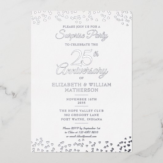 Surprise 25e huwelijksjubileumfeest Zilver Folie Uitnodiging (Voorkant)