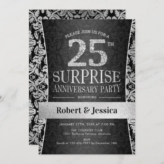 Surprise 25th Anniversary Feest - Zilver Kaart (Voorkant / Achterkant)