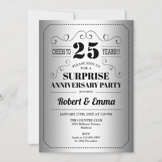 Surprise 25th Anniversary Feest - Zilver Zwart Kaart (Voorkant)